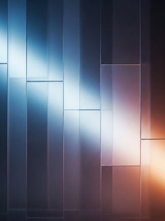 An abstract background featuring a grid of vertical rectangular panels with a smooth gradient of blue, purple, and orange light.の素材