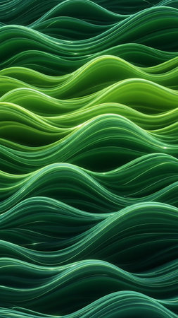 An abstract pattern of flowing green organic waves with a glossy texture and subtle light reflections, creating a sense of movement and depth.の素材