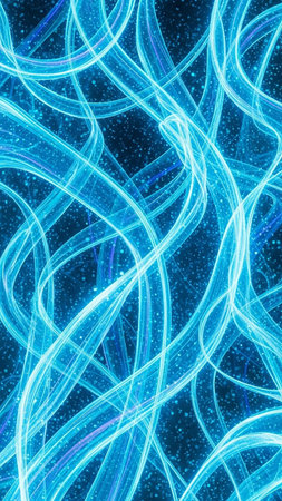 An abstract pattern of swirling, glowing blue light trails against a dark, speckled background, creating a sense of dynamic energy.の素材