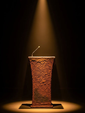 A single, textured podium with a microphone stands alone on a dark stage, dramatically illuminated by a focused spotlight, creating an atmosphere of anticipation.の素材
