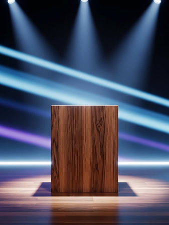 A single wooden podium with a prominent vertical grain stands centered on a polished wooden floor, illuminated by dramatic blue and purple spotlights against a dark background.の素材