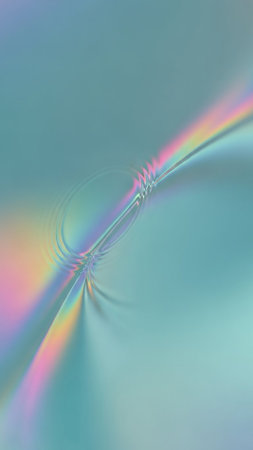 An abstract teal surface with subtle ripples and iridescent rainbow light streaks, creating a soft, fluid, and ethereal visual effect.の素材