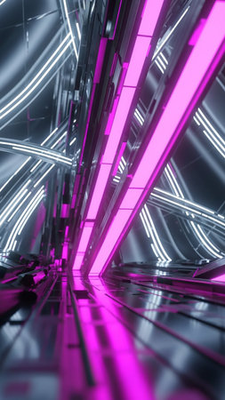 An abstract, futuristic geometric structure with sharp angles, illuminated by vibrant pink and white neon lights, creating a sense of depth and a high-tech environment.の素材