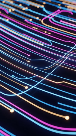 An abstract composition of glowing neon lines and dots in blue, pink, and orange, forming a dynamic network pattern against a dark background.の素材