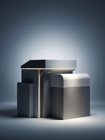 An abstract, minimalist podium composed of interlocking geometric blocks in grey and white, softly lit in a studio setting.の素材