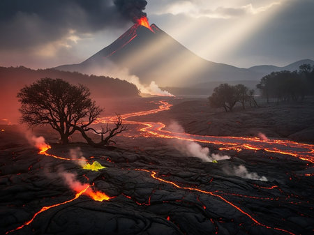 An active volcano erupts, spewing smoke and ash, with a glowing river of lava flowing through a dark, rocky, and dramatic landscape.の素材