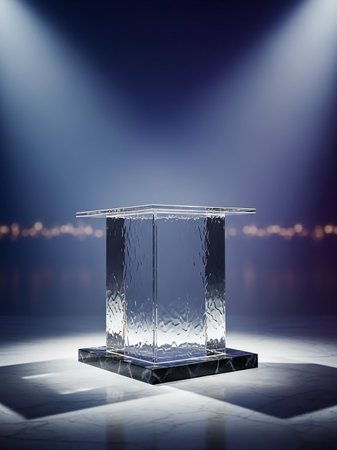 A clear glass pedestal with textured sides rests on a dark marble base, illuminated by soft spotlights in a studio setting with blurred bokeh lights in the background.の素材