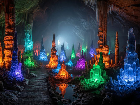 A cave filled with colorful, glowing crystal formations of various sizes, illuminated by an ethereal light creating a magical atmosphere.の素材