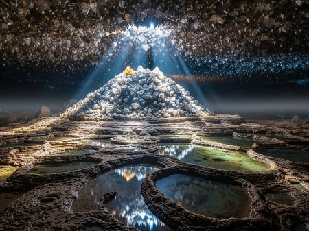 An awe-inspiring natural wonder inside a cave, featuring a large pile of luminous crystals illuminated by light rays, with reflective pools of water on the ground.の素材