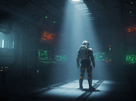 An astronaut in a detailed suit stands in a dark, futuristic spaceship control room, illuminated by a shaft of light and glowing green monitors.の素材