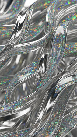 A close-up view of intertwined, shiny silver ribbons adorned with colorful holographic glitter sparkles, creating a dazzling and textured abstract pattern.の素材