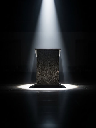 A dark stone pedestal stands alone in a dimly lit room, dramatically illuminated by a single, bright spotlight from above.の素材