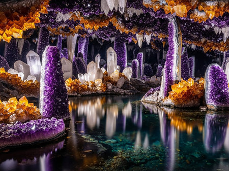 A breathtaking cave interior adorned with colossal purple amethyst and golden citrine crystal clusters, their facets shimmering and reflecting in a dark, still pool of water below.の素材