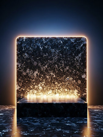 A dark, textured stone pedestal with a glowing orange light outlining its edges, set against a dark, moody background.の素材