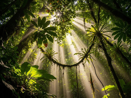 Sun rays dramatically filter through the dense, lush green foliage of a tropical jungle canopy, creating a dappled light effect on the vibrant vegetation.の素材