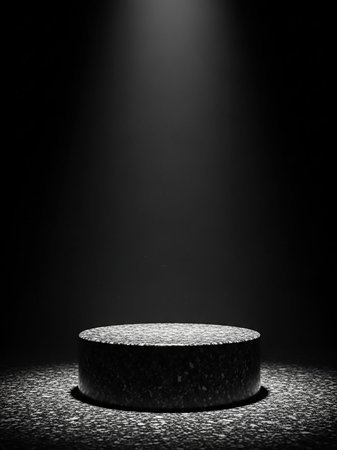 A dark stage with a single spotlight illuminating a textured round pedestal and a speckled floor, creating a dramatic presentation space.の素材