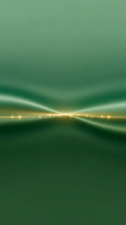 A minimalist abstract green background featuring a subtle horizontal line of glowing golden lights with soft diffusion and a gentle gradient.の素材