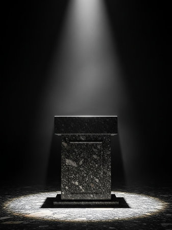 A dark marble pedestal stands on a textured floor, dramatically illuminated by a single spotlight from above against a dark background, creating a focused presentation.の素材