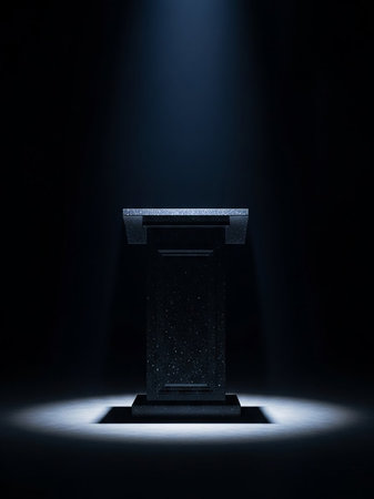 A dark, textured pedestal stands in the center, illuminated by a single, dramatic spotlight from above.の素材