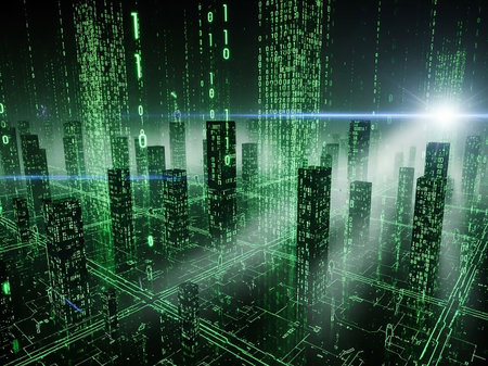 A futuristic digital cityscape rendered in green, with binary code falling like rain and illuminating the abstract urban structures and data streams.の素材
