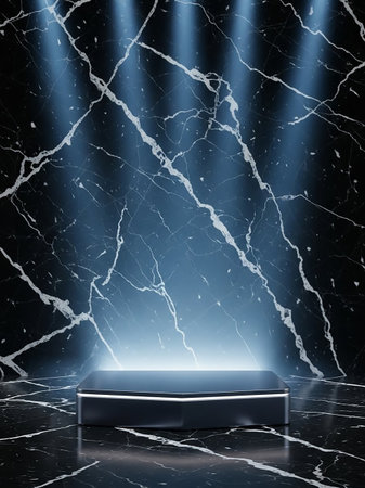 A dark marble stage with a sleek black podium, dramatically lit by spotlights and blue light beams, creating an elegant and impactful presentation space.の素材