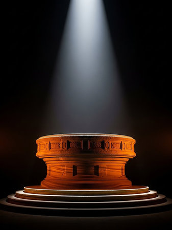 An ornate stone pedestal with tiered levels is dramatically lit by a single bright spotlight from above against a dark background.の素材