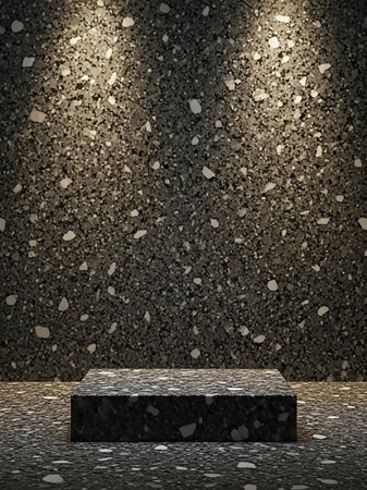A dark terrazzo pedestal with a speckled pattern sits on a matching floor, with a similar textured wall behind it illuminated by warm spotlights.の素材