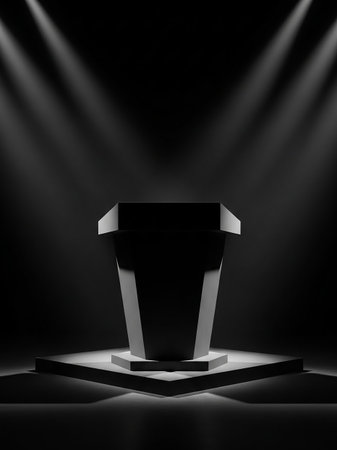 A dark, minimalist podium stands on a black stage, dramatically lit by two strong spotlights from above, creating deep shadows and a stark contrast.の素材