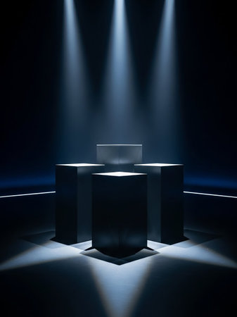 A dark stage features four black geometric pedestals arranged in a square, with three dramatic spotlights shining down from above.の素材