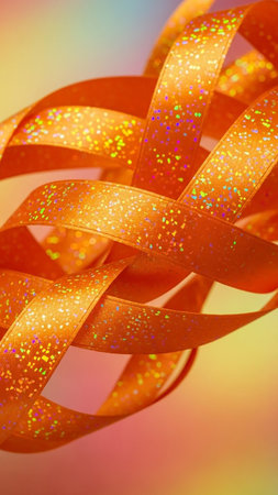 Bright orange ribbons with sparkling glitter are intertwined against a soft, colorful gradient background, creating a festive and dynamic abstract pattern.の素材