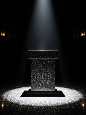 A dark room with a single spotlight illuminating a speckled stone pedestal, creating a dramatic and focused presentation effect.の素材