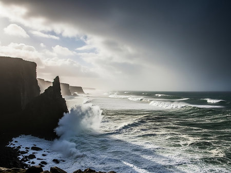 Dramatic coastal cliffs with powerful waves crashing against them under a moody, stormy sky with shafts of sunlight breaking through the clouds.の素材
