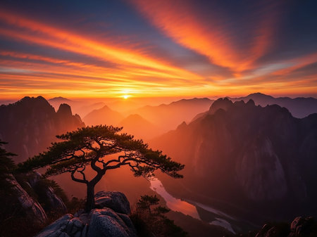 A breathtaking sunset paints the sky with vibrant orange and yellow hues over misty mountain ranges, with a solitary pine tree silhouetted on a rocky outcrop.の素材