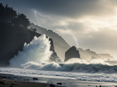 A powerful storm rages on a rugged coastline with lightning illuminating crashing waves against dark cliffs and a stormy sky.の素材