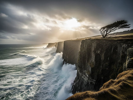 Rugged coastal cliffs are battered by powerful waves under a dramatic, sun-drenched, cloudy sky with a solitary tree clinging to the edge.の素材
