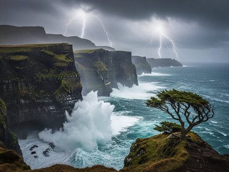 The dramatic Cliffs of Moher are battered by powerful waves during a thunderstorm, with lightning illuminating the stormy sky and sea.の素材