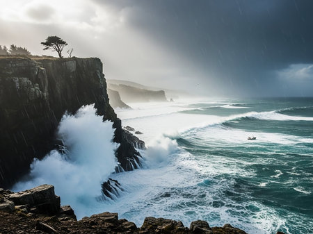Powerful ocean waves crash against dark, rugged cliffs under a stormy, rain-filled sky. A lone tree stands on the clifftop, and a small boat navigates the turbulent sea in the distance.の素材