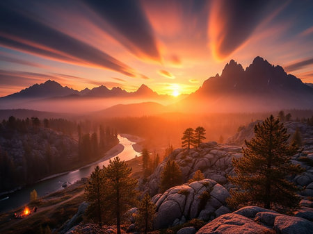 A dramatic sunset paints the sky with vibrant colors over a mountainous valley, with a winding river and textured rocky terrain in the foreground.の素材