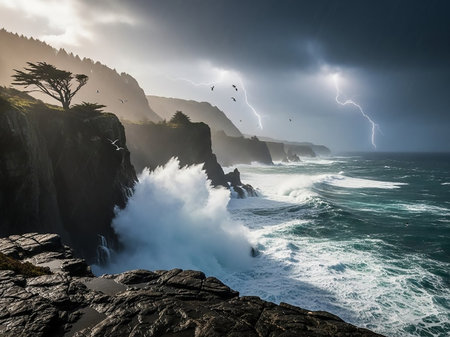 A powerful storm rages over a rugged coastline with lightning illuminating the dark sky and waves crashing against the rocky cliffs.の素材