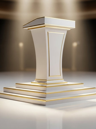 An elegant white podium with ornate gold trim stands on a multi-tiered platform, illuminated by soft spotlights in a clean, minimalist setting.の素材