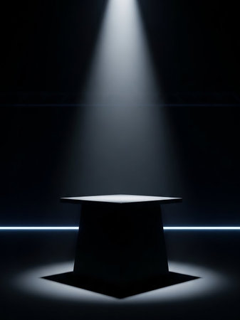 An empty hexagonal podium sits on a dark stage, dramatically lit by a spotlight from above and a thin blue light strip along the floor.の素材