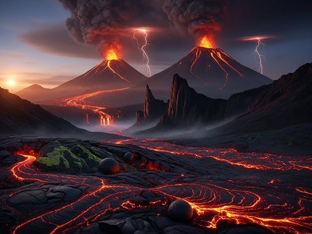 A dramatic scene of two active volcanoes erupting with lava flows and lightning strikes against a dusky sky, showcasing nature's raw power.の素材