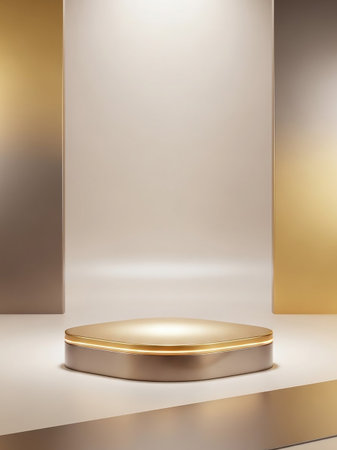 An elegant, modern display pedestal in gold and beige tones, featuring soft lighting and a clean, minimalist design suitable for product presentation.の素材