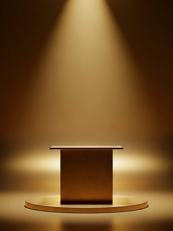 An empty golden podium sits on a circular base, dramatically lit by a single, warm spotlight from above against a muted background.の素材