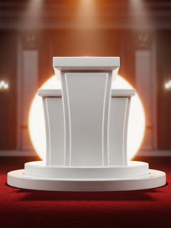 An empty white podium stands on a red carpet under a bright spotlight, ready for a presentation.の素材