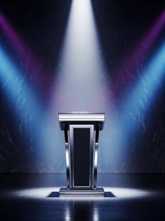 An empty, modern metallic podium stands on a dark stage, illuminated by a bright spotlight and dramatic blue and purple colored lights.の素材