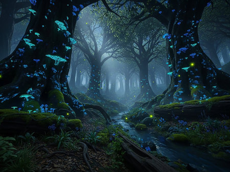 A mystical forest at night, illuminated by glowing blue mushrooms and a gentle stream winding through ancient trees.の素材
