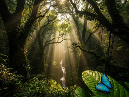 Sunbeams pierce through the dense canopy of a lush rainforest, illuminating a small stream and a vibrant blue butterfly resting on a large green leaf.の素材
