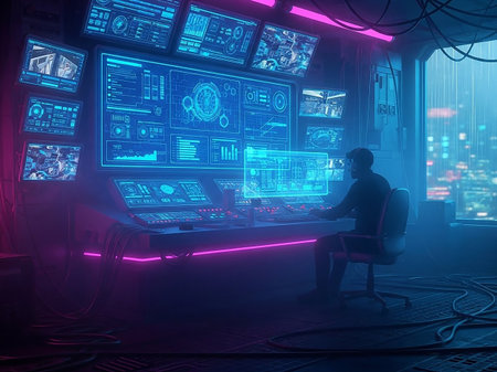 A lone figure sits in a dimly lit futuristic control room, surrounded by multiple glowing blue screens displaying complex data and interfaces.の素材