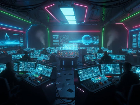 A dimly lit futuristic command center filled with rows of glowing computer screens displaying data and graphics, with silhouetted figures working at consoles under neon lighting.の素材